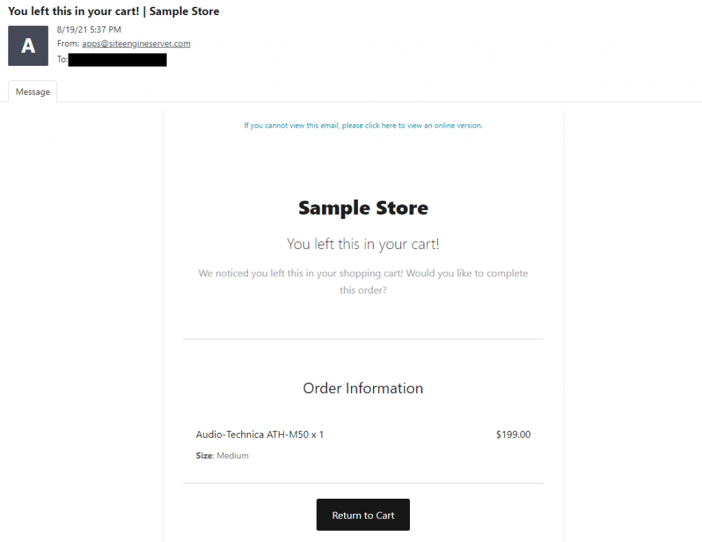 Sample of the abandon cart email received by your potential customers