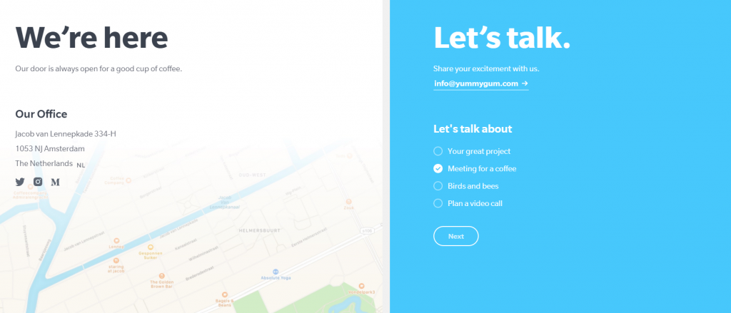 Amsterdam-based digital agency Yummygum’s two-step contact form, the first step asking for the purpose for connecting.