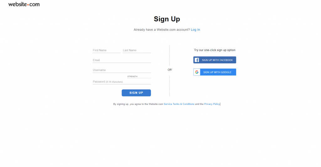 Screenshot of Website.com's sign up page