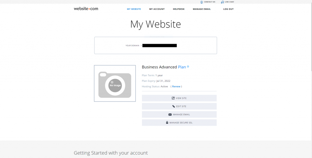 Screenshot of user page of Website.com after logging in