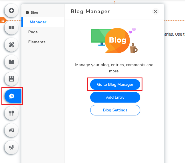 Click “Go to Blog Manager” to open the Blog Manager interface