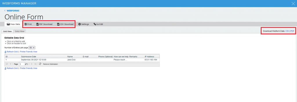 You can choose to print or download data in CSV or PDF format