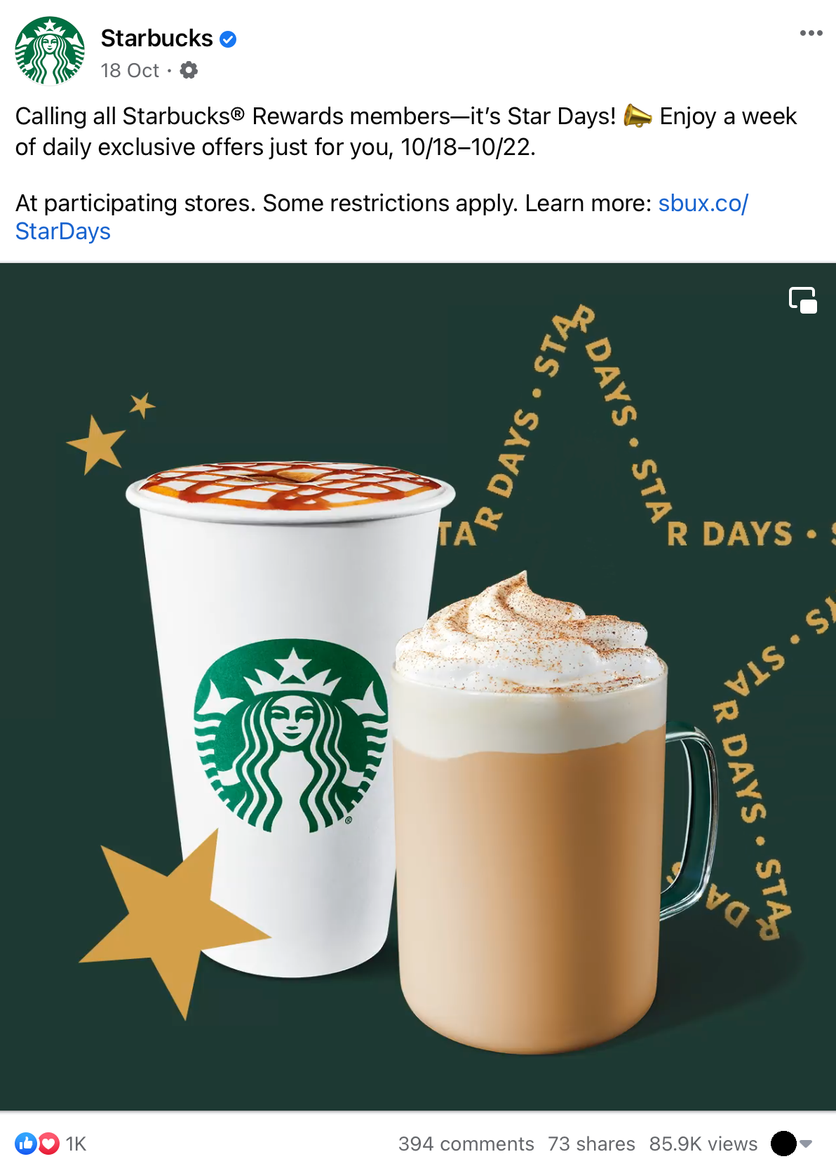 Example: Starbuck's Facebook post promoting new drinks