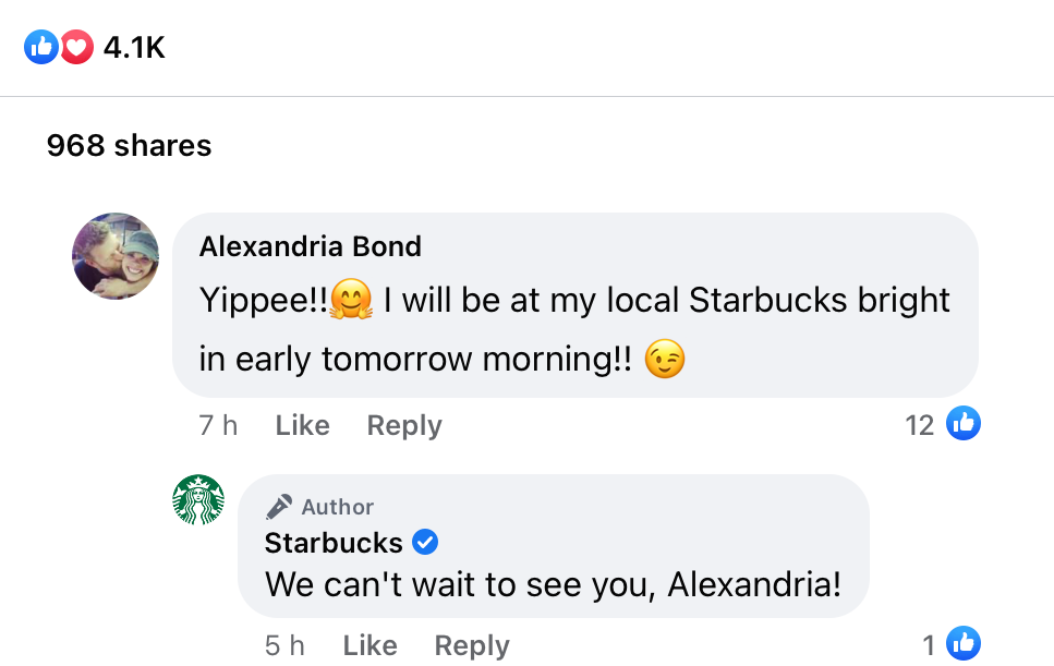 Example of how Starbucks are interacting with Facebook users who replied to their posts