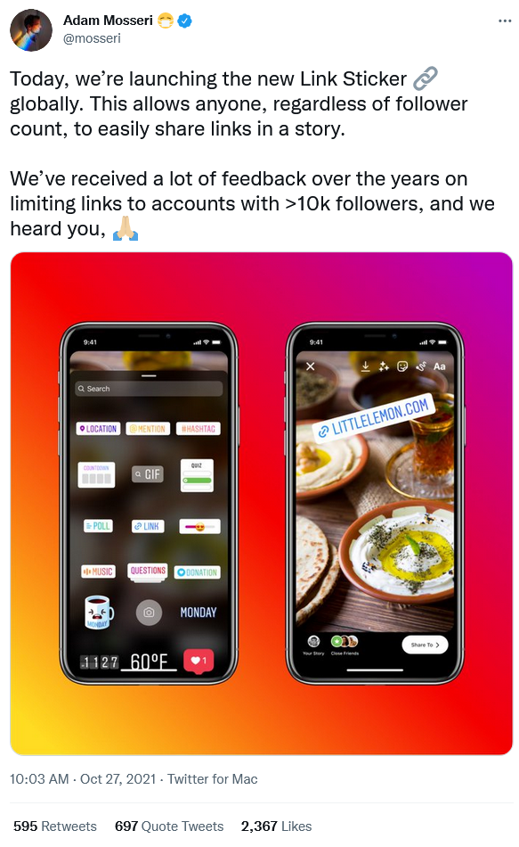  Head of Instagram Adam Mosseri's tweet announcing the global launch of Link Sticker for all users