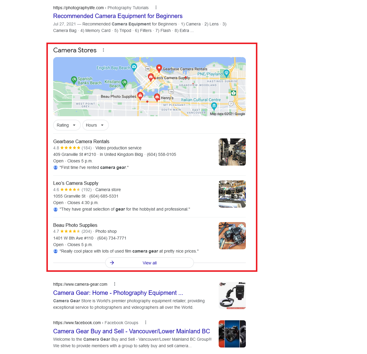 Local SEO is the area on SERP where you will find the map, business information, and customer reviews