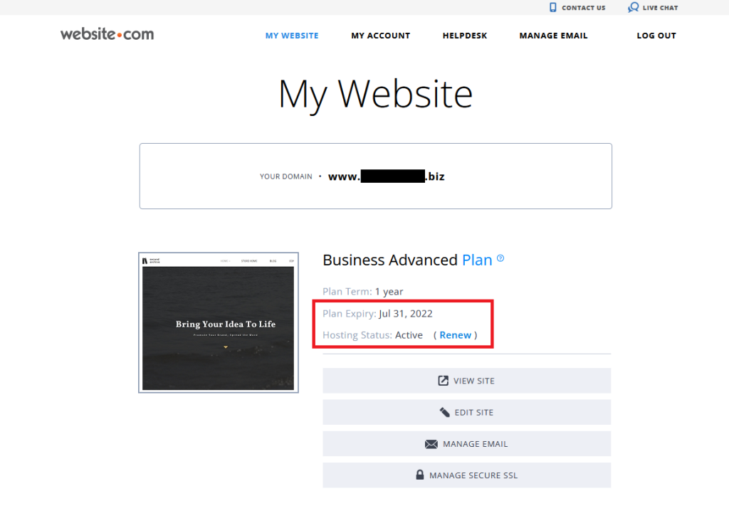 You can find your website plan and hosting expiry date on the member's page of Website.com's website builder